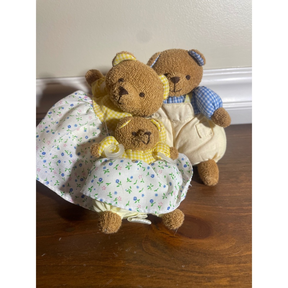 Vintage Russ Berrie Teddy Bear Family Set 3 Plush Brown Bears Gingham Floral